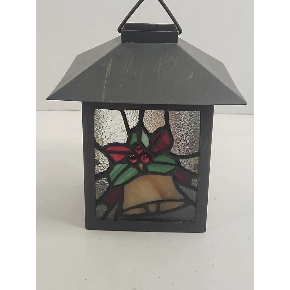 Vtg Stained Glass Christmas‎ Bell Lantern Tea Light Votive Candle Holder